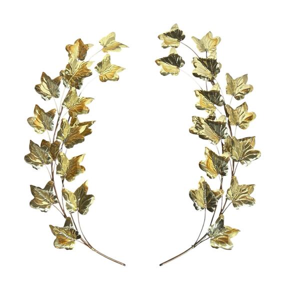 Home Interiors Vtg Ivy Leaf Branch Brass Gold Toned Metal Wall Decor 2 Pc NEW - Picture 1 of 9